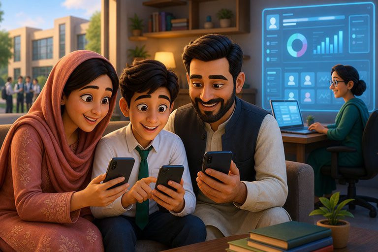 Parents using a school-branded mobile app with a teacher web portal in the background