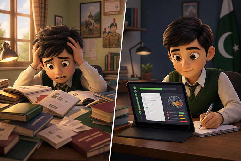 Overwhelmed student with scattered books versus calm AI mock exam practice