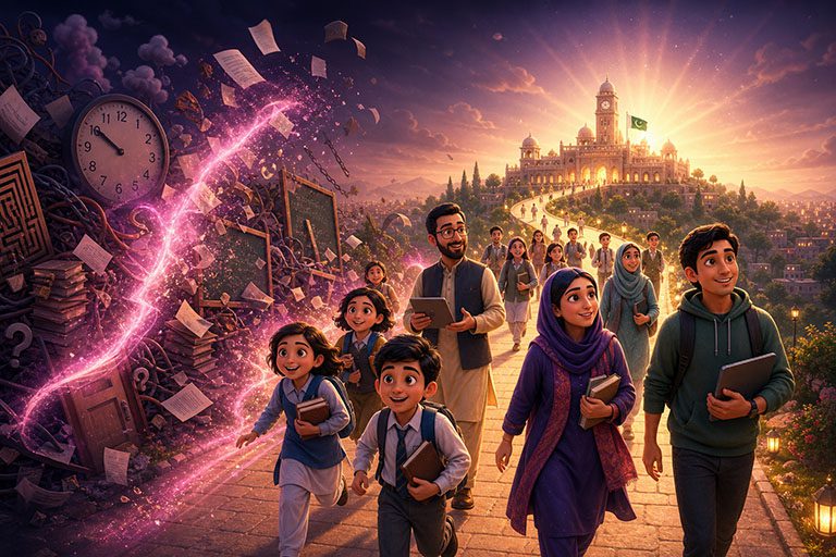 Pixar-style scene of students and teachers advancing on a clear path while education obstacles dissolve as WiseCoach streamlines the way forward