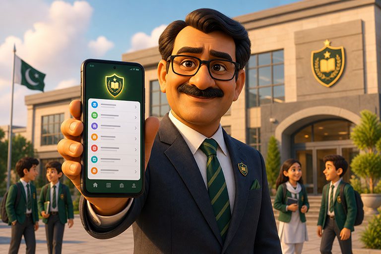 School principal proudly holding a phone with a school-branded management app