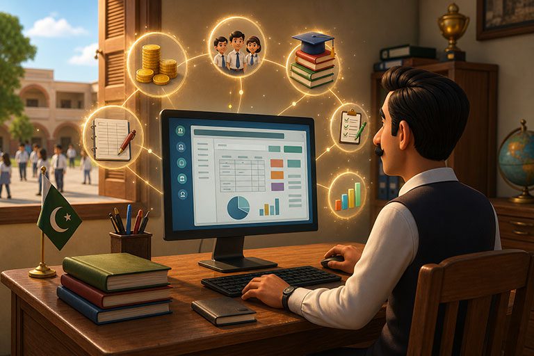 One school computer managing fees, attendance, exams, and reports
