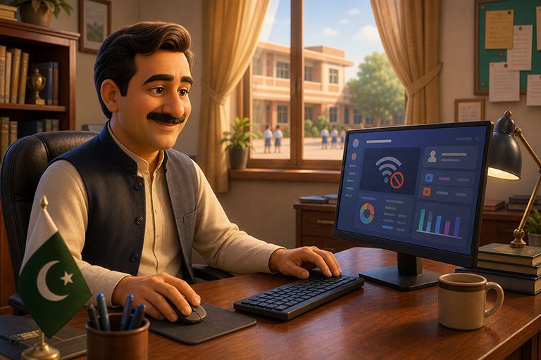 School administrator calmly running management software on a local desktop without internet