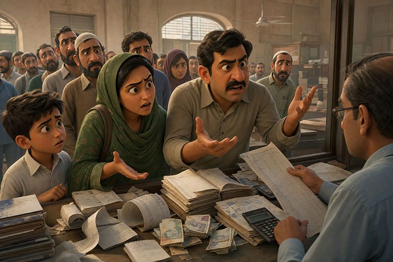 Parents arguing at a messy paper fee counter