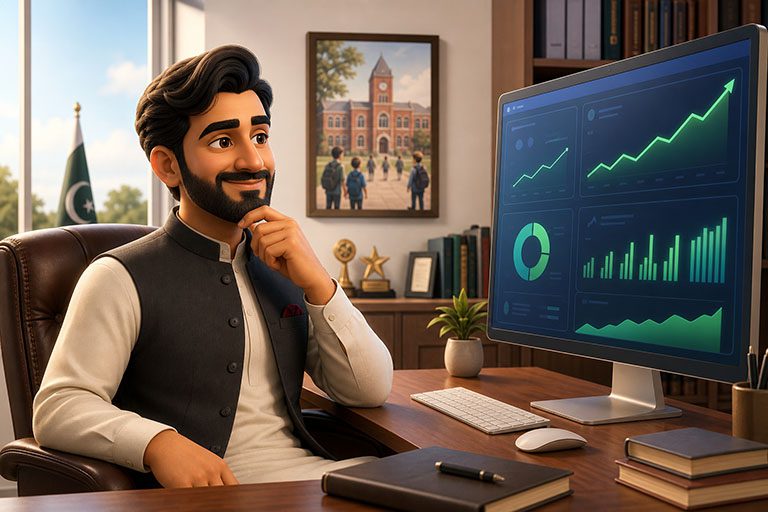 School owner calmly reviewing a clear financial dashboard