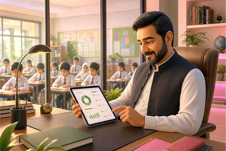 Calm school principal running a smooth digital school from one dashboard