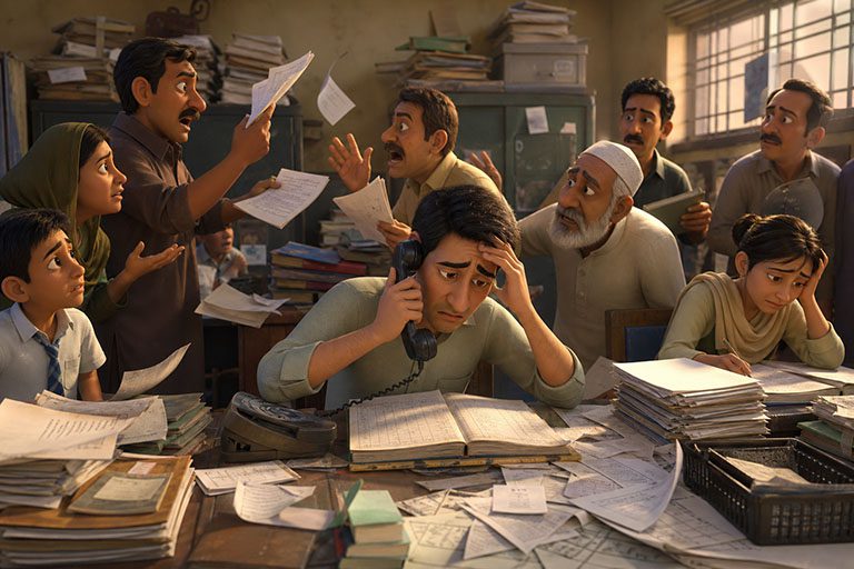 Chaotic school office with paper registers, ringing phones, and stressed staff