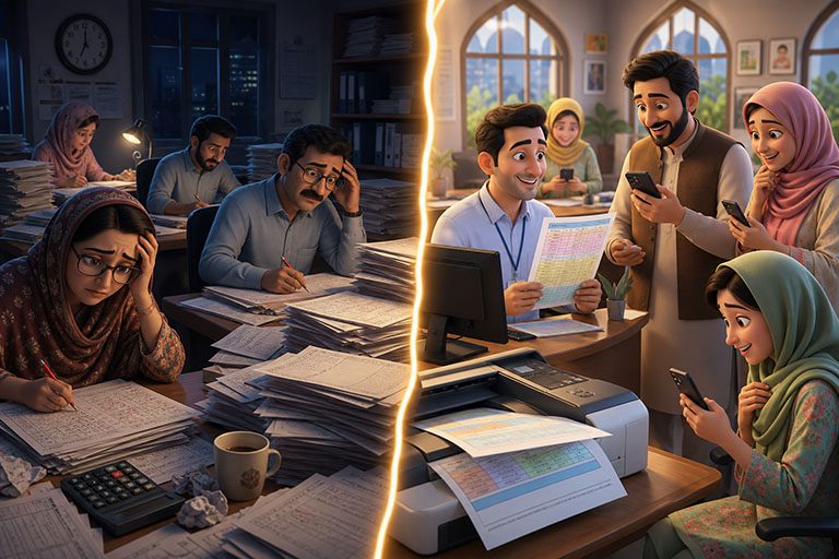 Teachers drowning in mark sheets versus instant report cards and parent updates