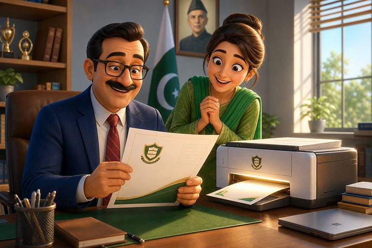Happy principal and teacher with a clean printed exam paper