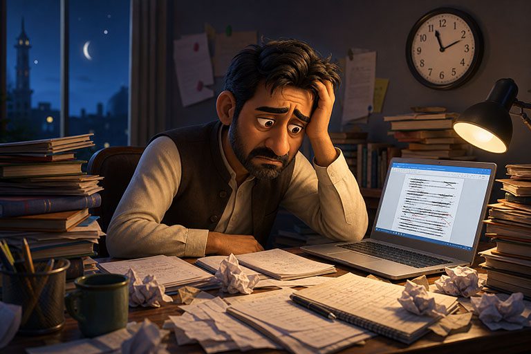 Tired teacher stuck late at night making exam papers by hand