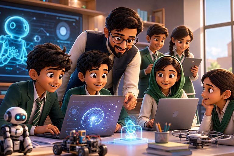 Students learning future tech skills with AI and coding in a modern classroom