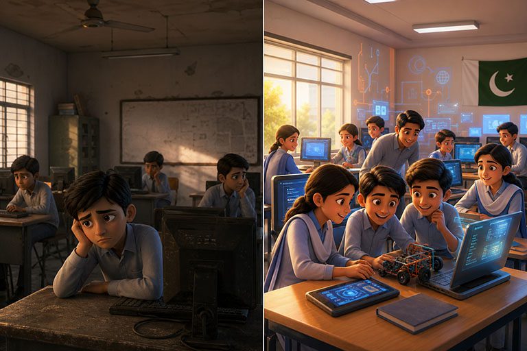 Empty lab without teachers versus lively digital short courses classroom