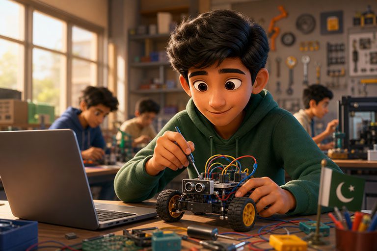 Student building a robotics project while coding on a laptop