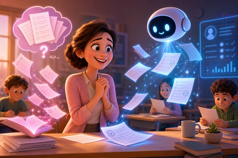 Pixar-style teachers reviewing AI-generated exam papers and checked answer sheets