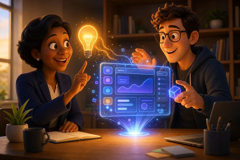 Pixar-style builders turning a school idea into working custom software on glowing screens