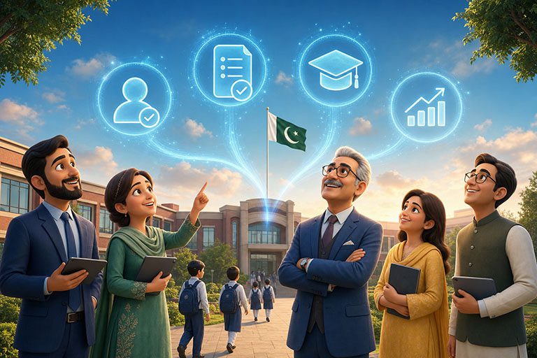 Warm Pixar-style campus scene with students and teachers using WiseCoach on tablets and laptops