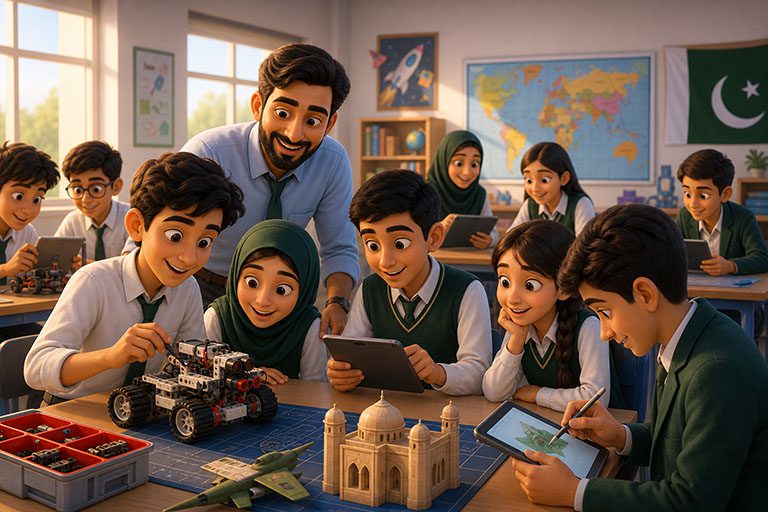 Pixar-style classroom with students learning AI skills and preparing for cadet entrance exams