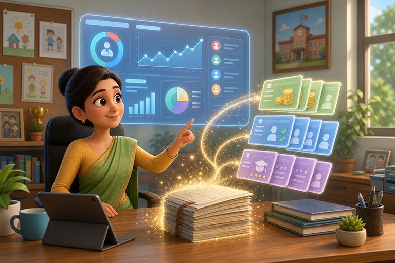 Pixar-style school office with staff managing campus operations on screens and devices