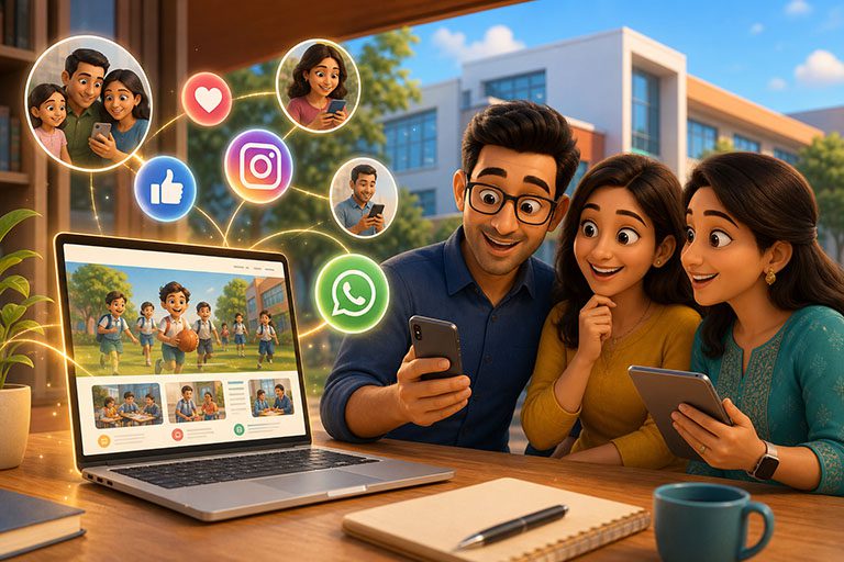Pixar-style school brand scene with website, social posts, and parents connecting on WhatsApp