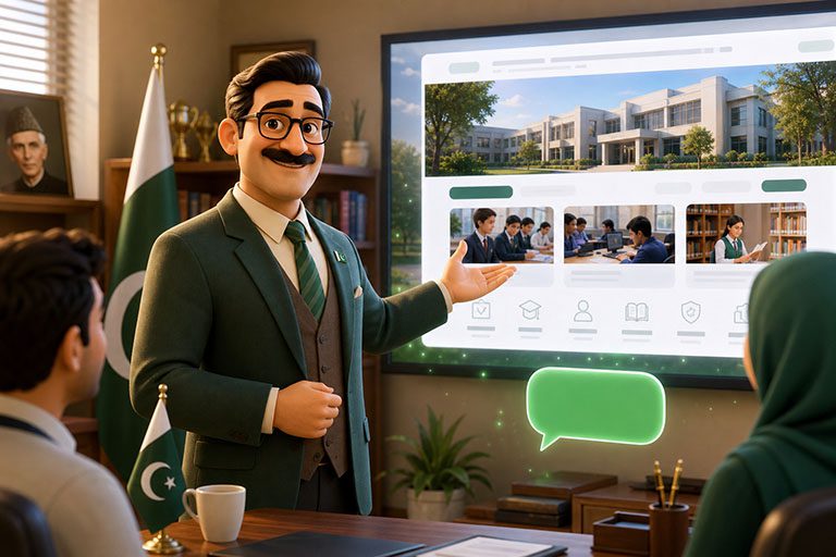 School principal proudly presenting a modern official school website