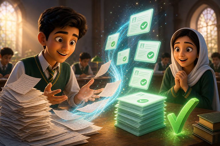 Stacks of answer sheets transforming into clean digital result cards
