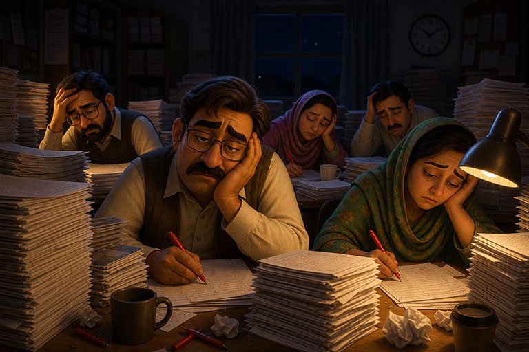 Exhausted teachers buried under stacks of unchecked exam papers