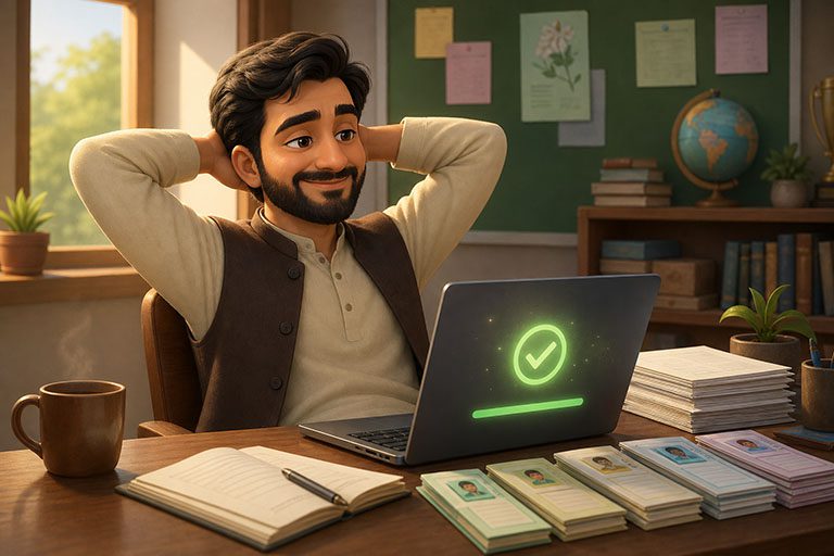 Relieved teacher with checking finished and results ready